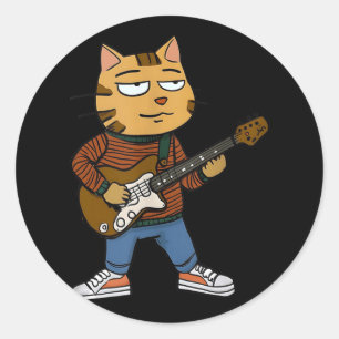Funny Chill Cat Playing A Guitar Guys Dad Rock &am Classic Round Sticker