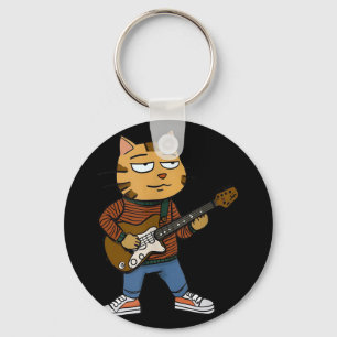 Funny Chill Cat Playing A Guitar Guys Dad Rock &am Key Ring