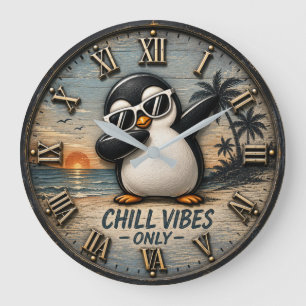 Funny Chill Vibes Only Penguin Large Clock