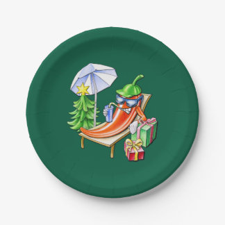 Funny Chilli Celebrating Christmas Green Round Paper Plate