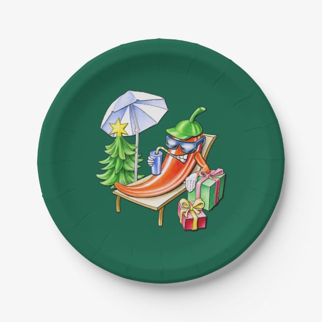 Funny Chilli Celebrating Christmas Green Round Paper Plate (Front)