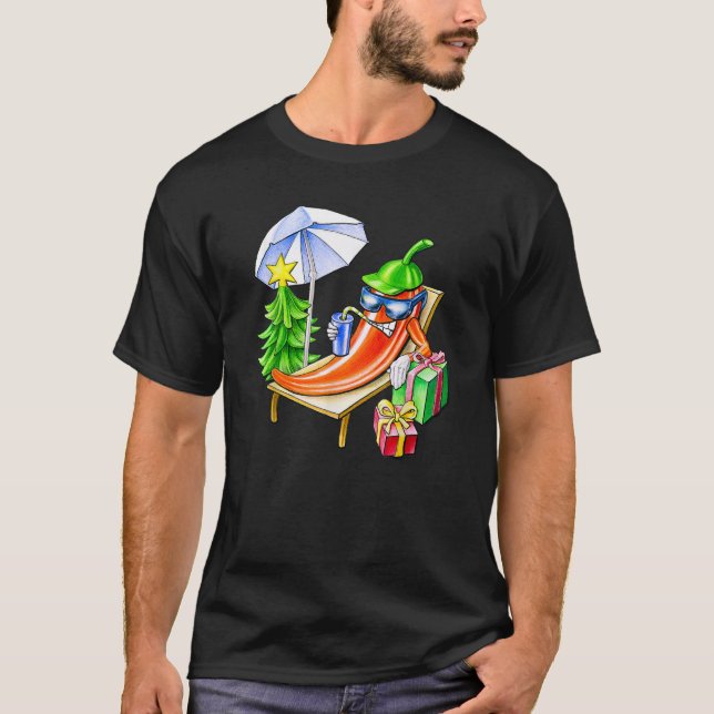 Funny Chilli Christmas Cartoon Beach Party Cool Ho T-Shirt (Front)