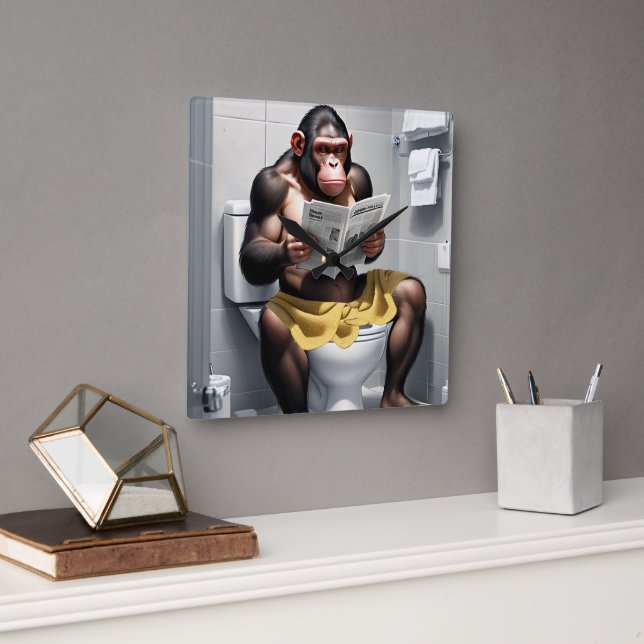 Funny Chimp On A Toilet Clock,  Square Wall Clock (Office)