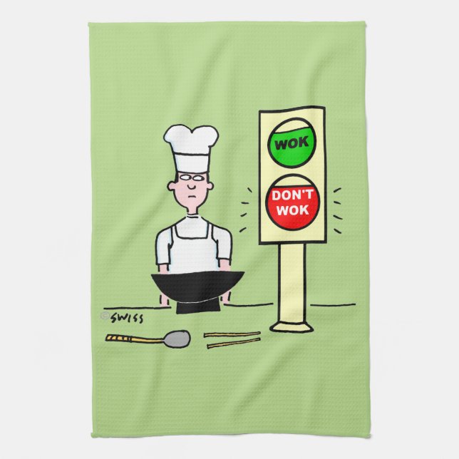Funny Chinese Food Stir Fry Wok Cartoon Kitchen Tea Towel (Vertical)