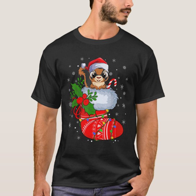 Funny Chipmunk In Christmas Socks Santa Claus Ligh T-Shirt (Front)
