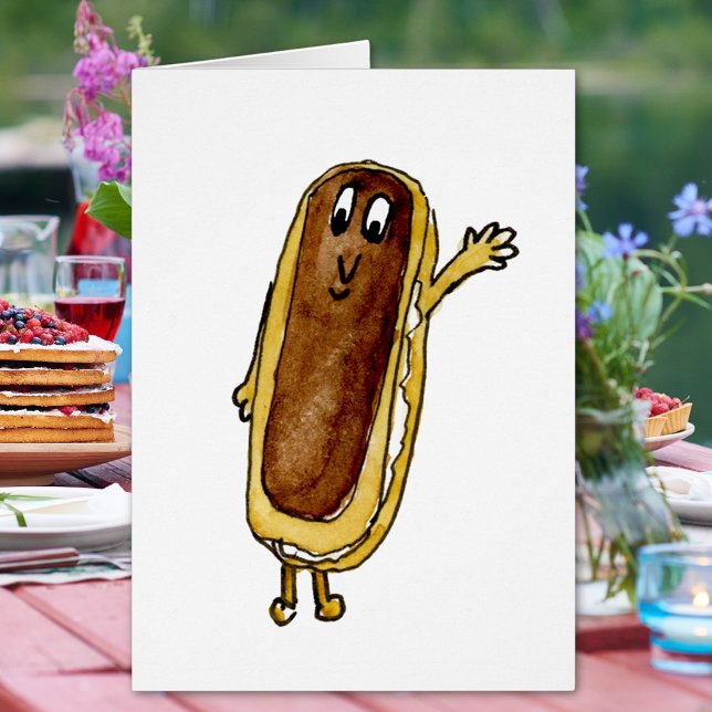 Funny Chocolate Eclair Quirky Cake Cartoon Art (Chocolate eclair cute watercolor cartoon art greetings card for baking and cake sweet treat lovers)