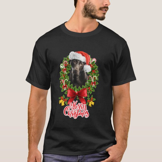 Funny Chocolate Lab Dog Merry Christmas Party Fami T-Shirt (Front)