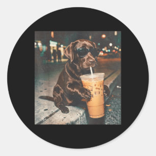 Funny Chocolate Lab Drinking Iced Coffee Lovers Classic Round Sticker