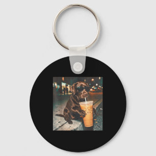 Funny chocolate lab drinking iced coffee lovers key ring