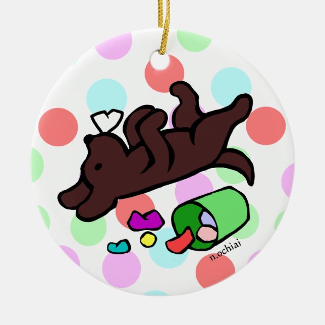 Funny Chocolate Labrador Cartoon Polka Dot Ceramic Tree Decoration (Front)