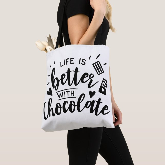 Funny Chocolate Lover Chocolate Addict Quote Tote Bag (Close Up)