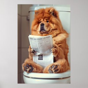 Funny Chow Chow Bathroom Print, Dog Reading Poster