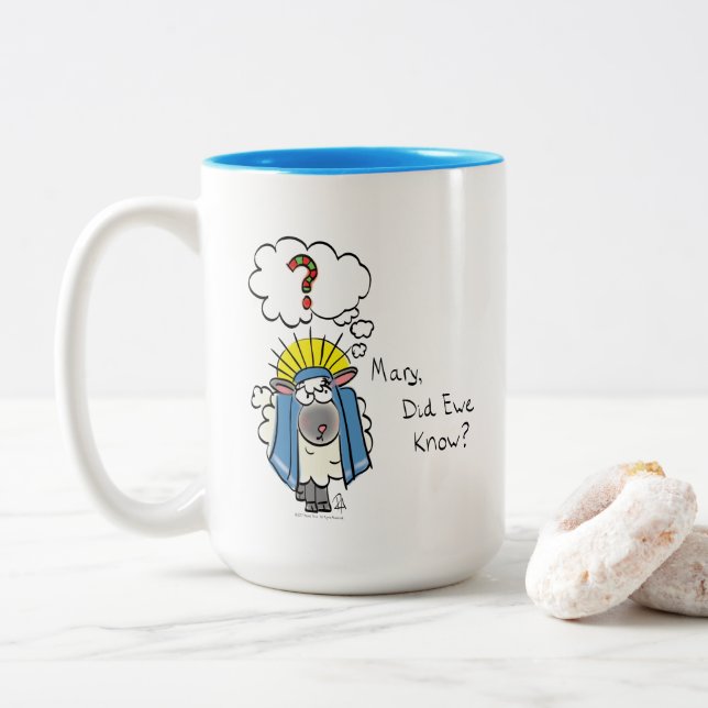 Funny Christian Christmas Cute Sheep Cartoon Two-Tone Coffee Mug (With Donut)
