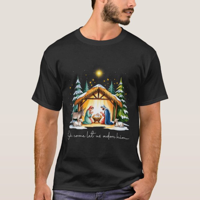 Funny Christian Christmas Jesus Oh Come Let Us Ado T-Shirt (Front)
