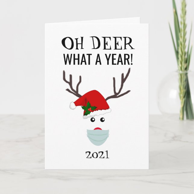 Funny Christmas 2021 Oh Deer Reindeer Personalised Holiday Card (Front)