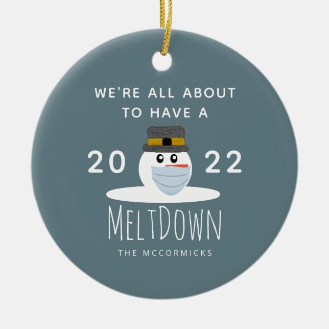 Funny Christmas 2021 Snowman Meltdown Personalised Ceramic Tree Decoration (Front)