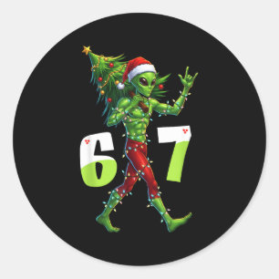Funny Christmas Alien Six Seven Meme 67 Santa Hat Classic Round Sticker