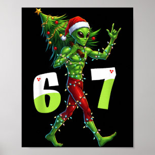 Funny Christmas Alien Six Seven Meme 67 Santa Hat  Poster