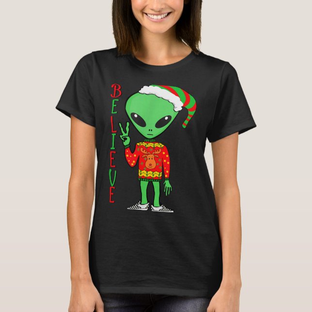 Funny Christmas Alien Ugly Sweater I Believe Santa (Front)