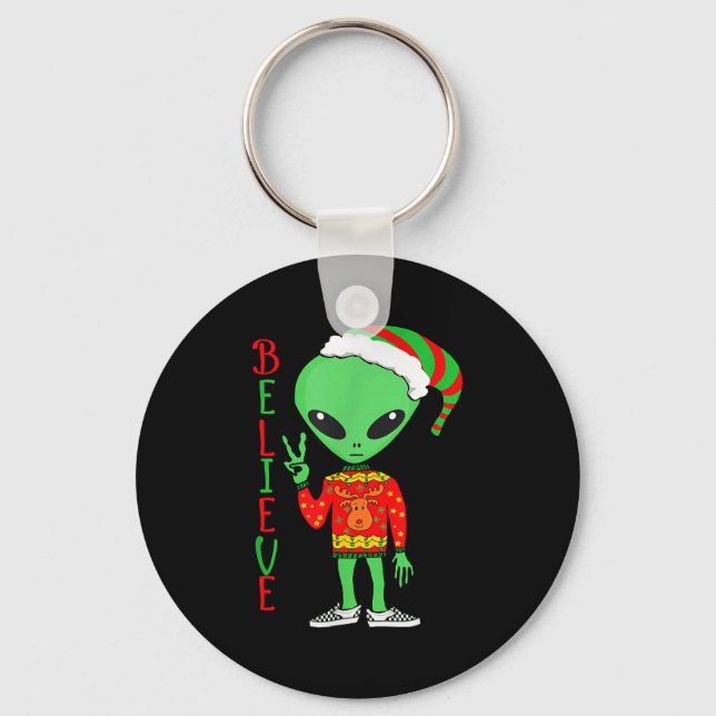 Funny Christmas Alien Ugly Sweater I Believe Santa Key Ring (Front)