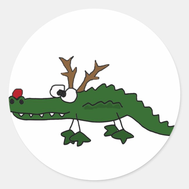 Funny Christmas Alligator as Reindeer Classic Round Sticker (Front)