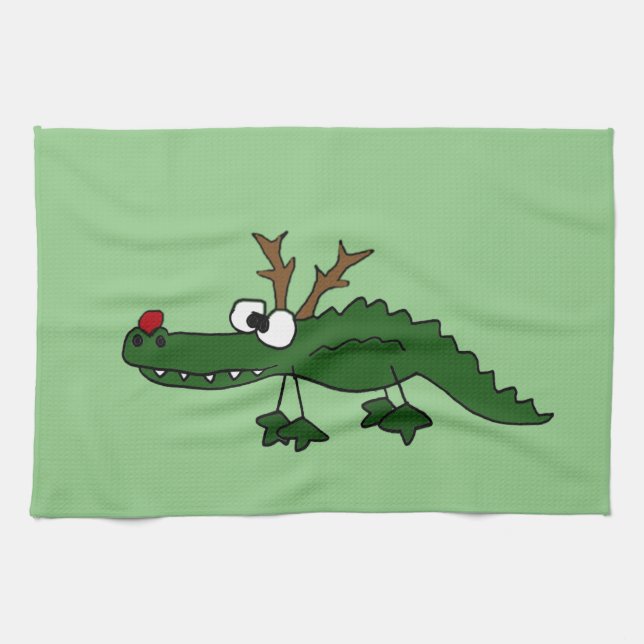 Funny Christmas Alligator as Reindeer Tea Towel (Horizontal)