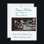 Funny Christmas and Hanukkah Greetings card<br><div class="desc">Celebrate the holiday season with this unique and whimsical greeting card! The front of the card features a joyful Chassid dancing with three individuals dressed in Santa Claus costumes. This delightful blend of cultural and holiday imagery adds a touch of fun and cheer.</div>