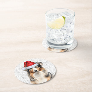 Funny Christmas Australian Shepherd Dog Round Paper Coaster
