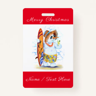 Funny Christmas Badge with Snowman Surfer ID Badge