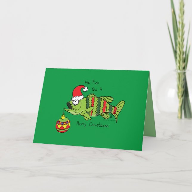 Funny Christmas Bass Fishing Fish Cute Cartoon Card (Front)