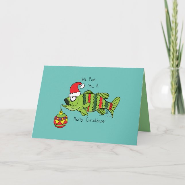 Funny Christmas Bass Fishing Fish Cute Cartoon Card (Front)