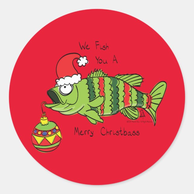 Funny Christmas Bass Fishing Fish Cute Cartoon Classic Round Sticker (Front)