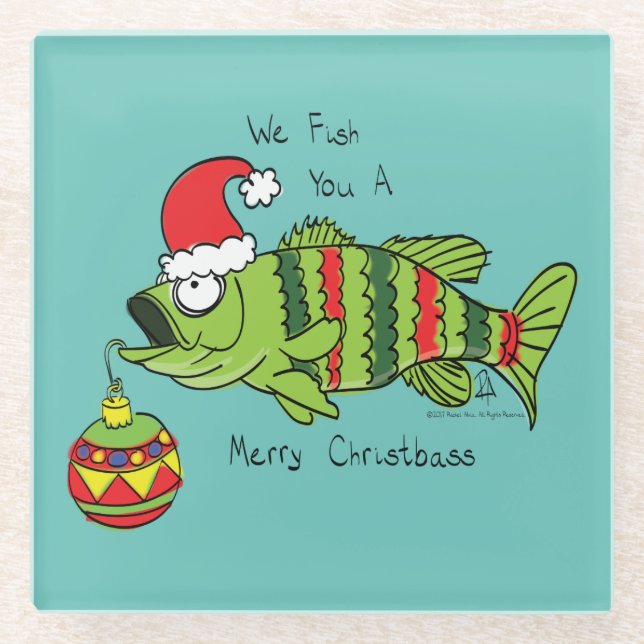 Funny Christmas Bass Fishing Fish Cute Cartoon Glass Coaster (Front)