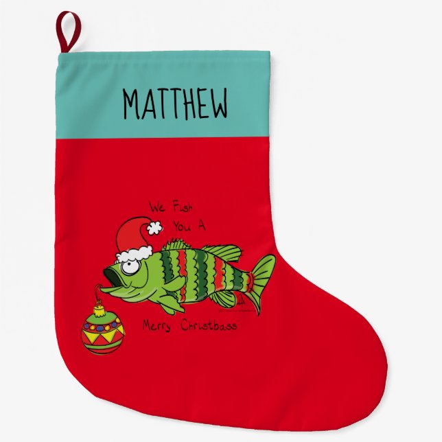Funny Christmas Bass Fishing Fish Cute Cartoon Large Christmas Stocking (Front)