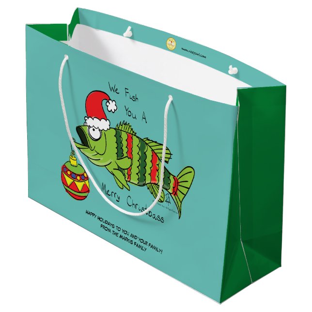 Funny Christmas Bass Fishing Fish Cute Cartoon Large Gift Bag (Back Angled)
