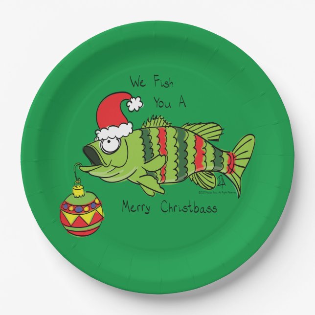 Funny Christmas Bass Fishing Fish Cute Cartoon Paper Plate (Front)