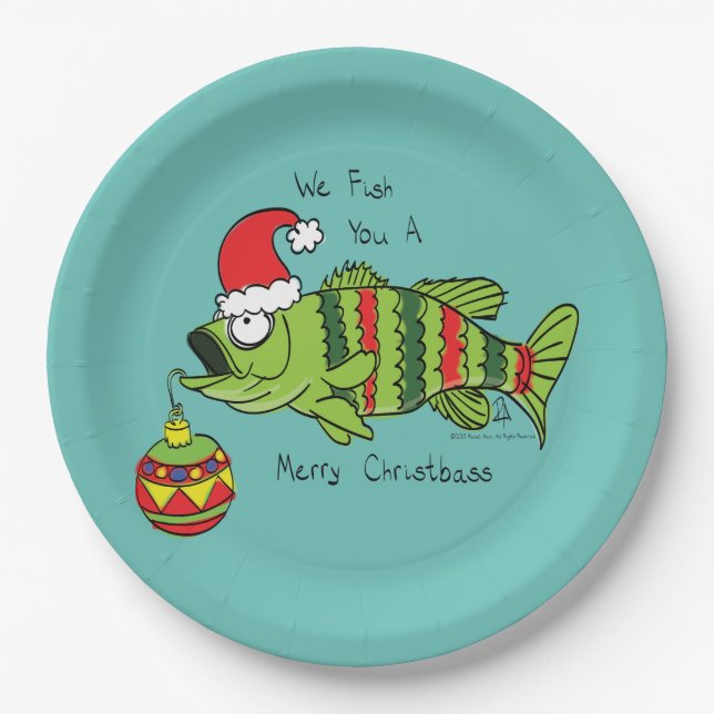 Funny Christmas Bass Fishing Fish Cute Cartoon Paper Plate (Front)
