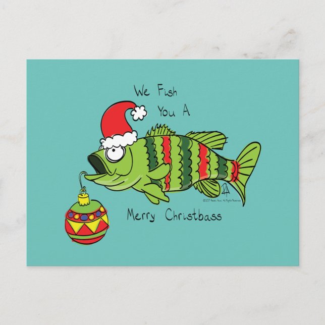 Funny Christmas Bass Fishing Fish Cute Cartoon Postcard (Front)