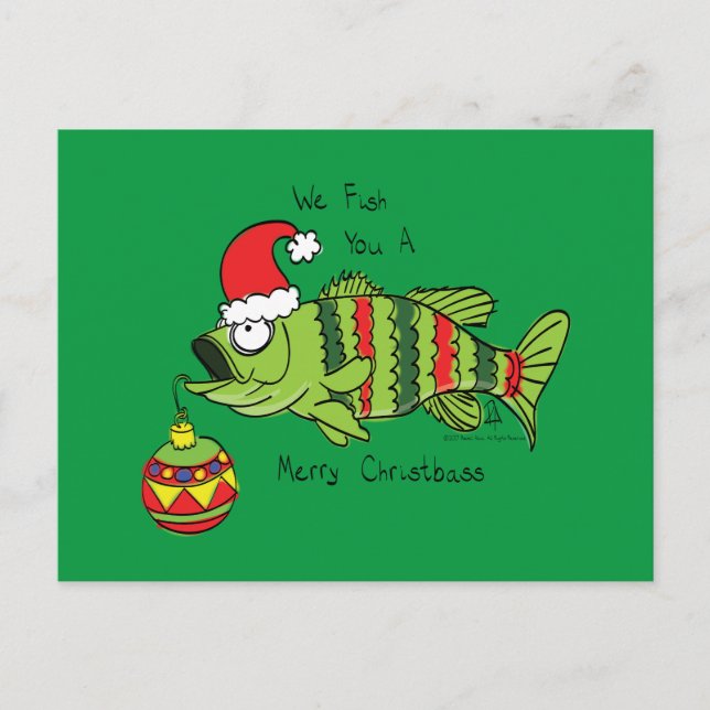 Funny Christmas Bass Fishing Fish Cute Cartoon Postcard (Front)