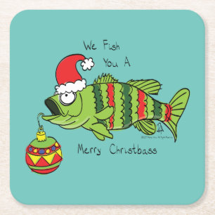 Funny Christmas Bass Fishing Fish Cute Cartoon Square Paper Coaster