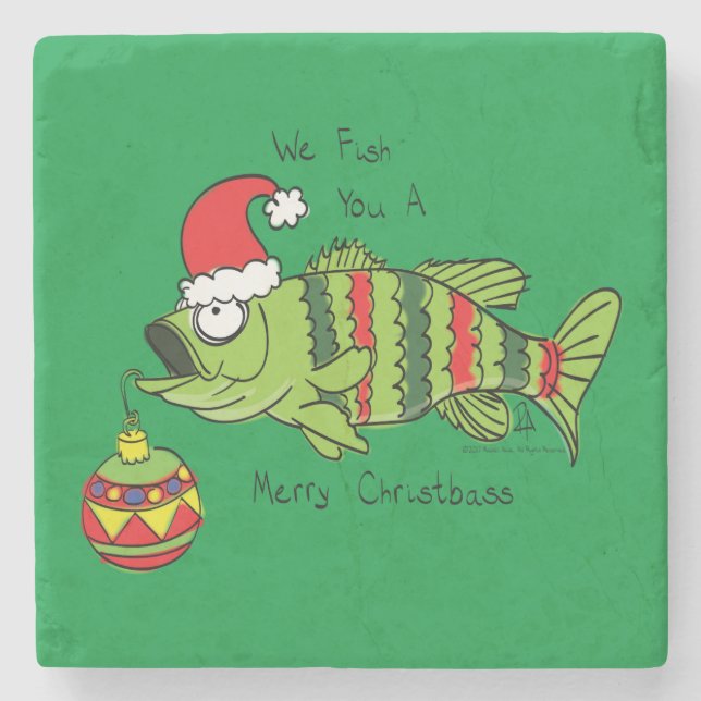 Funny Christmas Bass Fishing Fish Cute Cartoon Stone Coaster (Front)