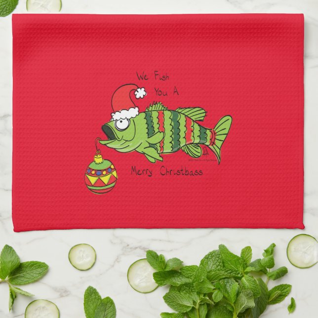 Funny Christmas Bass Fishing Fish Cute Cartoon Tea Towel (Folded)