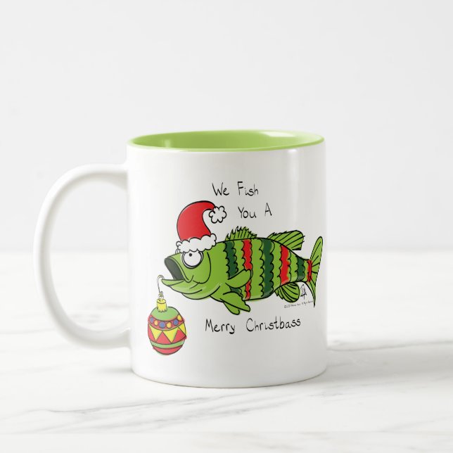 Funny Christmas Bass Fishing Fish Cute Cartoon Two-Tone Coffee Mug (Left)
