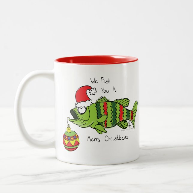 Funny Christmas Bass Fishing Fish Cute Cartoon Two-Tone Coffee Mug (Left)