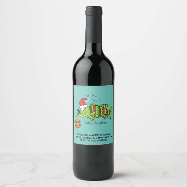 Funny Christmas Bass Fishing Fish Cute Cartoon Wine Label (Front)