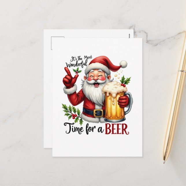 Funny Christmas beer time  Holiday Postcard (Front/Back In Situ)
