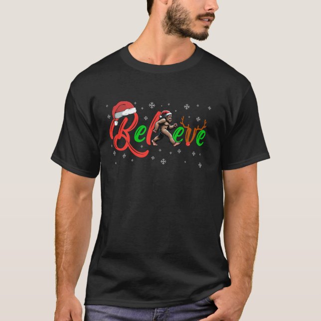 Funny Christmas Bigfoot Believe Santa Reindeer Hol T-Shirt (Front)