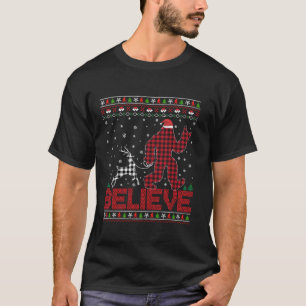 Funny Christmas Bigfoot Plaid Believe Reindeer Hol T-Shirt
