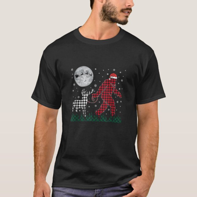 Funny Christmas Bigfoot Reindeer Moon Santa Plaid  T-Shirt (Front)