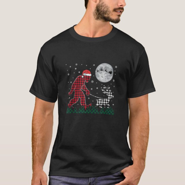 Funny Christmas Bigfoot Reindeer Moon Santa Plaid  T-Shirt (Front)